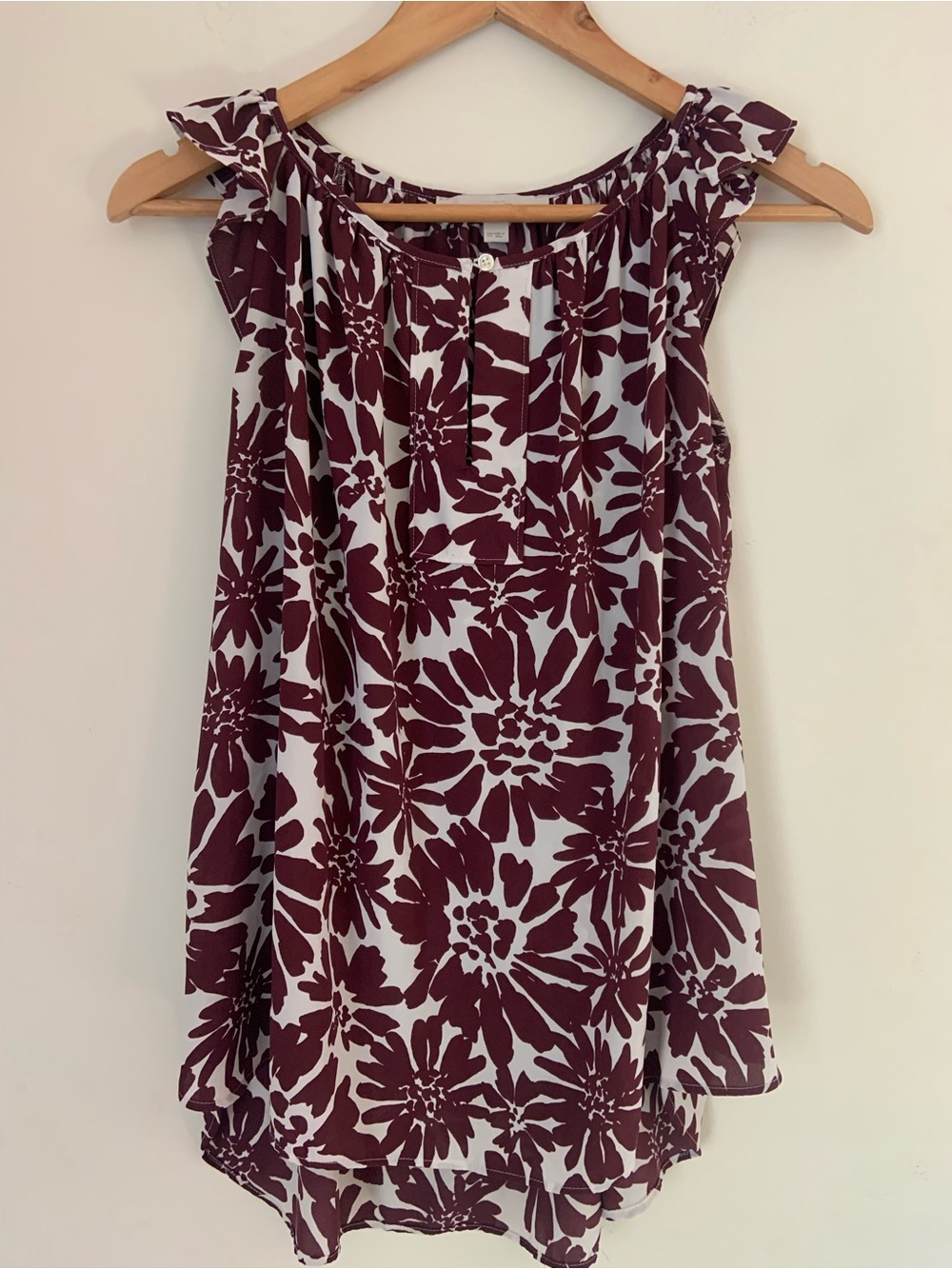 LOFT Sleeveless Floral Print Boho Peasant Keyhole Detail Top Burgundy White XS